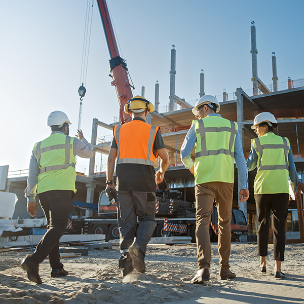Bauteam begeht gemeinsam eine Baustelle